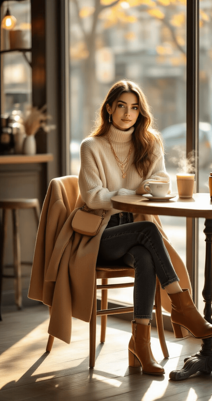 A cozy coffee shop interior bathed in golden hour light, featuring a young woman in dark-wash high-waisted jeans and a cream turtleneck, seated at a rustic wooden table with a camel wool coat draped over a chair, cognac leather ankle boots visible, and a steaming latte beside a tan crossbody bag, all set in a warm neutral palette.