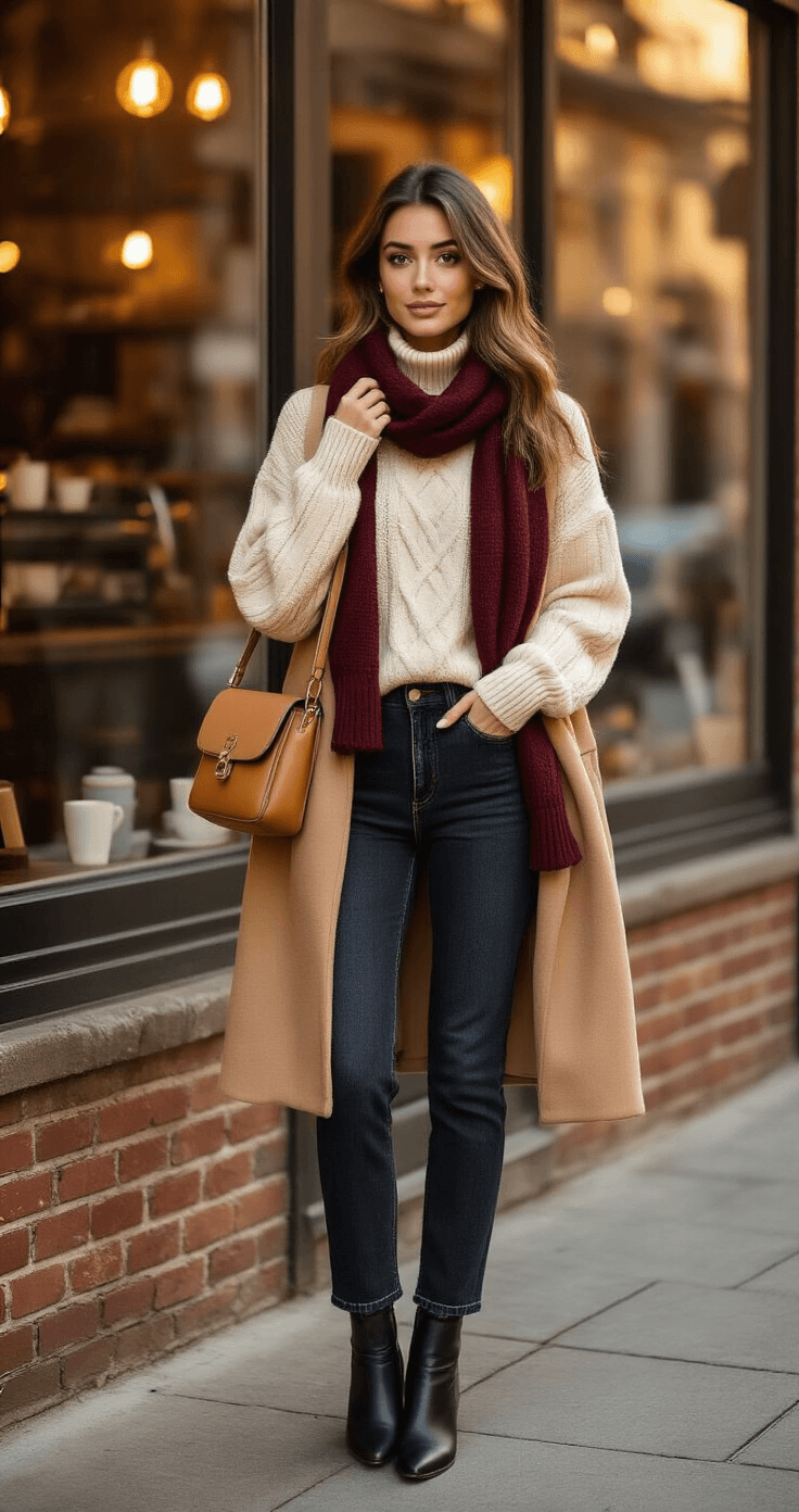 A stylish young woman in a cream cable-knit turtleneck and dark wash jeans stands in front of a coffee shop window during golden hour, adjusting a chunky burgundy scarf, with warm light filtering through rustic brick walls.