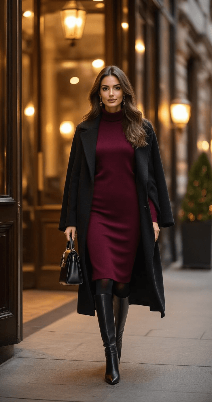 A confident woman in a burgundy midi sweater dress and black knee-high leather boots walks toward the camera in an upscale restaurant entrance, with warm lighting illuminating the scene. She carries a small black leather handbag and wears a flowing charcoal wool coat, while delicate gold jewelry glimmers in the light. The shot, captured from a low angle, highlights her elegant silhouette against the rich textures of wool, leather, and warm atmospheric lighting.