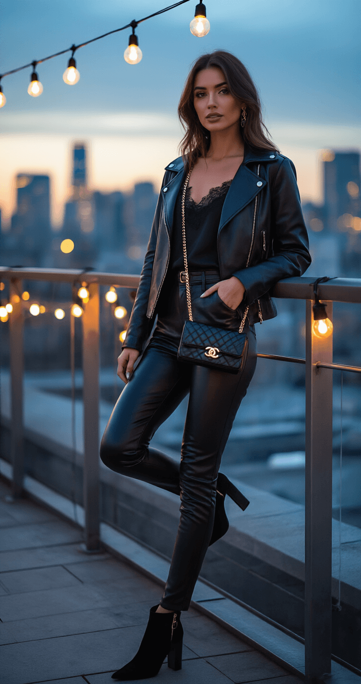 A fashionable woman in high-waisted black leather pants and a lace top leans against a modern railing at a trendy rooftop bar during twilight, with warm bokeh from string lights and a glowing urban skyline behind her.