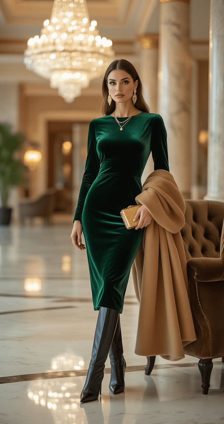 A sophisticated woman in an emerald green velvet midi dress and black knee-high heeled boots poses in a luxurious hotel lobby with marble floors and crystal chandeliers, holding a camel cashmere coat and a gold metallic clutch, enhanced by soft directional lighting.