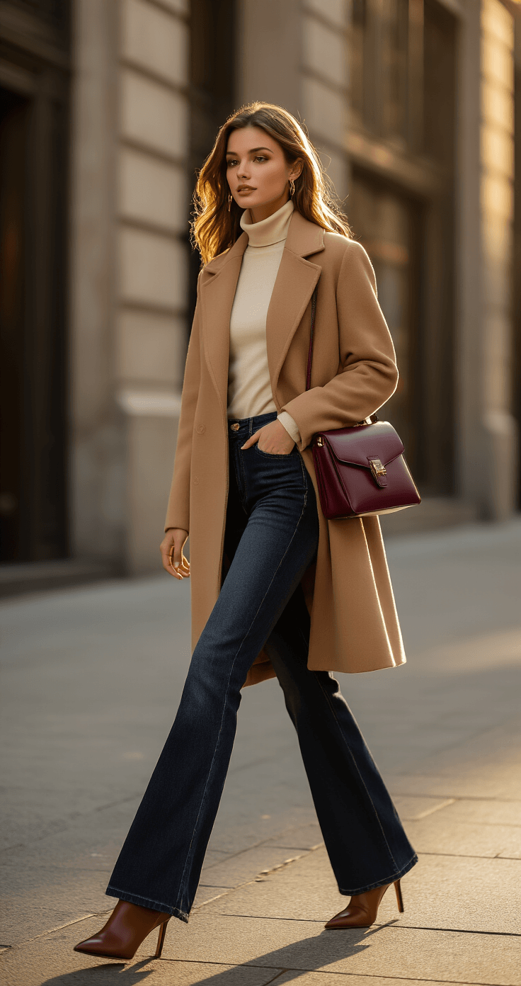 A young woman in dark wash flare jeans, fitted cream turtleneck, and a structured camel wool coat walks confidently at a sophisticated urban street corner during golden hour. She wears pointy-toe heeled ankle boots and carries a burgundy leather crossbody bag, with warm natural lighting highlighting the textures and clean architectural lines around her.