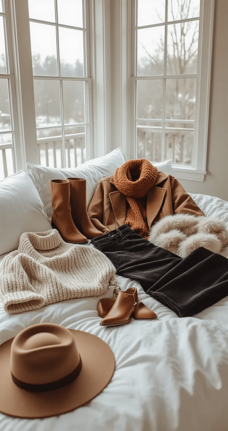 A cozy minimalist bedroom with large windows featuring a flat lay of winter fashion essentials on white bedding, including black corduroy flares, a chunky knit sweater, shearling jacket, and cognac leather platform boots, complemented by a rust-toned scarf, gold jewelry, and a felt hat, showcasing rich textures and warm earth tones.