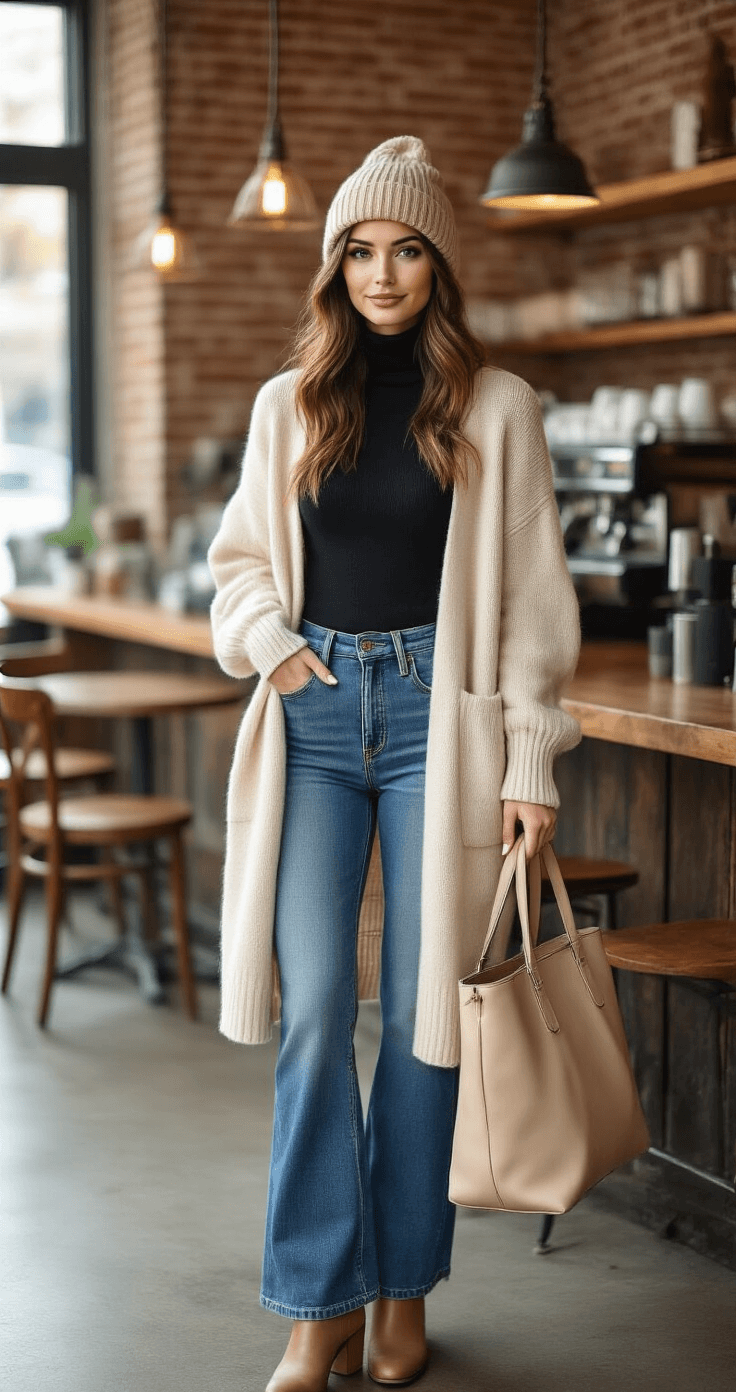 A chic coffee shop interior with industrial brick walls and pendant lighting, featuring a woman in medium wash flare jeans, a fitted black turtleneck, and an oversized cream cardigan. She wears ankle boots and a beige beanie, holding a leather tote bag, surrounded by warm ambient lighting.