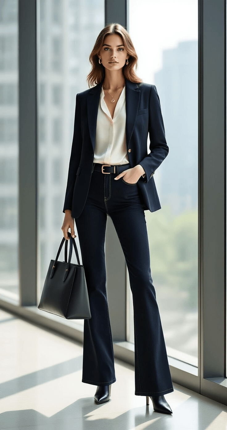 A stylish office setting with floor-to-ceiling windows featuring a professional outfit: high-waisted black flare jeans, a silk ivory blouse, a structured navy blazer, and pointed-toe heeled boots, complemented by a sleek leather tote and a simple gold pendant necklace, all illuminated by bright natural light.
