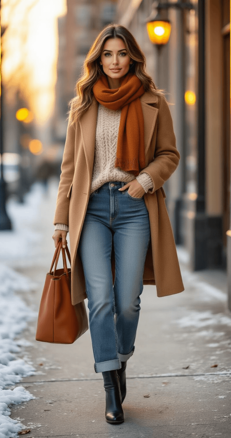 A confident woman in a camel wool coat and oatmeal chunky sweater walks along a frost-kissed urban sidewalk during golden hour, wearing high-waist mom jeans and black sock boots. A rust-colored scarf drapes around her neck, and she carries a cognac leather tote. The scene is captured from a low angle with warm amber light illuminating the textures, creating a chic and intentional atmosphere.