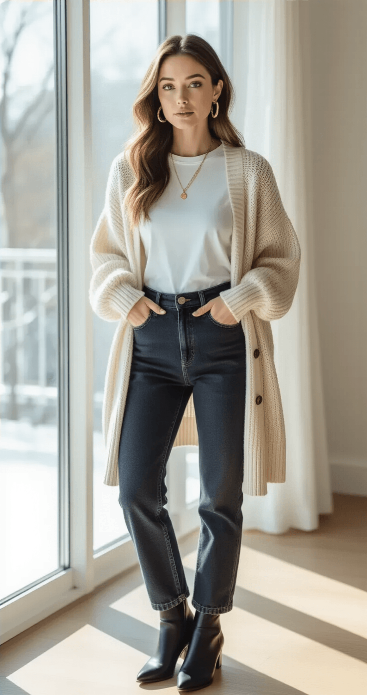 A woman in a sunlit minimalist apartment stands by floor-to-ceiling windows, dressed in dark-wash high-waist mom jeans and a white tee tucked into a thick oatmeal cardigan. She wears sleek black ankle booties, large gold hoop earrings, and a delicate layered gold necklace, as soft natural light bathes the space in cool blue-white winter tones.