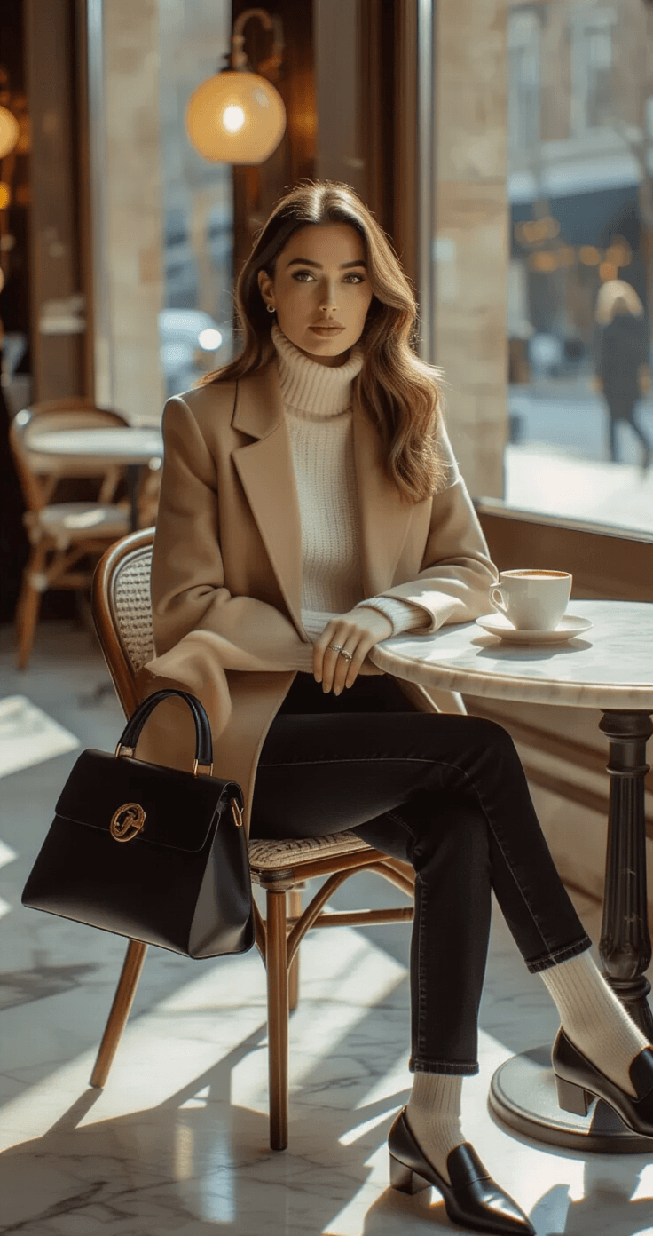 A polished woman in a chic urban coffee shop, wearing high-waist mom jeans, a fitted ivory turtleneck, and an oversized camel blazer, sits at a sunlit marble table. Black loafers with cream ribbed socks are visible, and a structured black handbag rests on the chair. The warm pendant lighting contrasts with the cold blue daylight outside, creating a sophisticated smart-casual atmosphere.