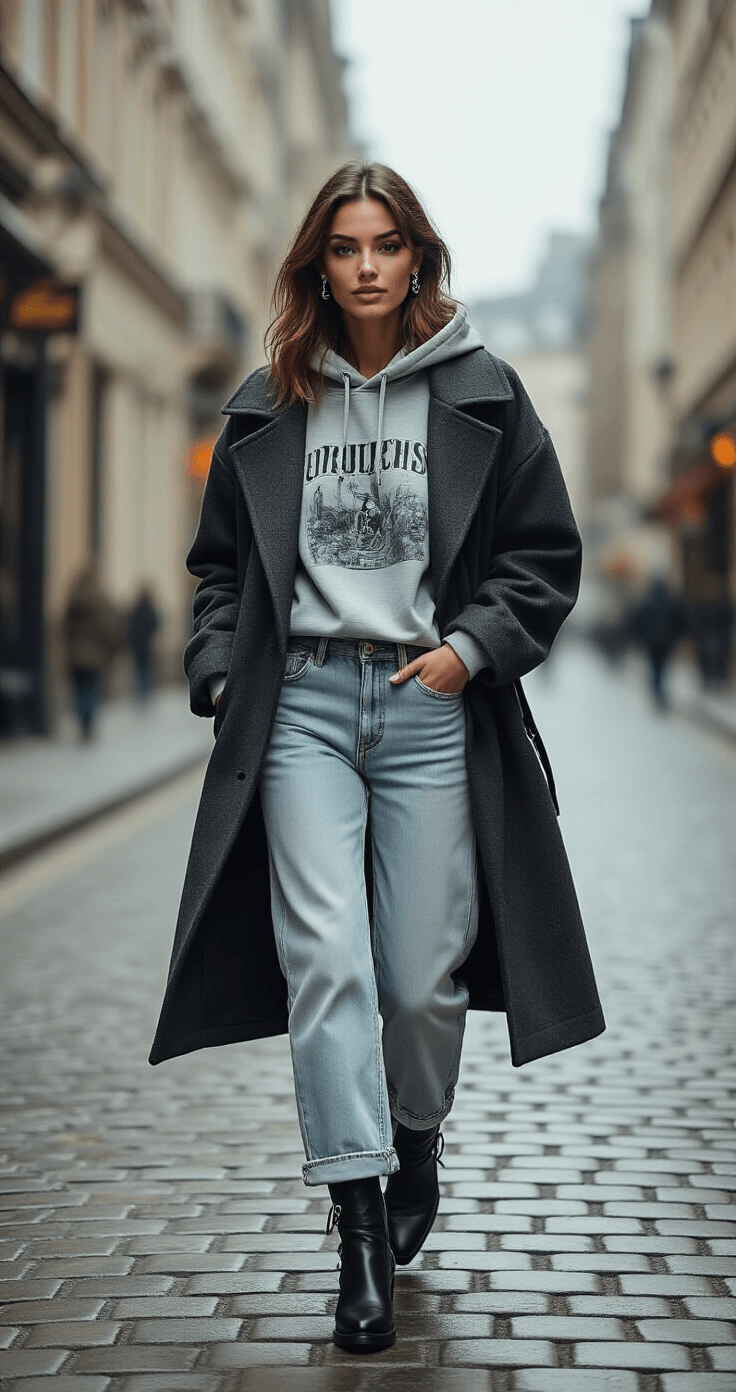 A stylish woman walks confidently down a cobblestone street in winter, wearing high-waisted mom jeans and tall black biker boots, paired with a vintage oversized hoodie and a charcoal wool coat. The grey light adds a moody atmosphere to her casual yet edgy look.