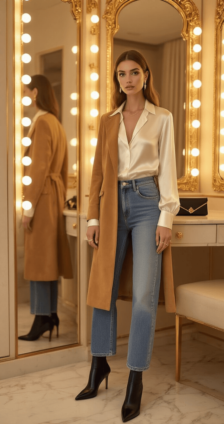 A woman in a warmly decorated dressing room stands before a gilded mirror, wearing mid-wash high-waist mom jeans and a tucked ivory silk blouse, complemented by a tailored camel suede coat. She completes the look with sleek black leather ankle boots and minimal gold jewelry. The scene is softly illuminated by amber vanity lighting, creating a polished and refined atmosphere.