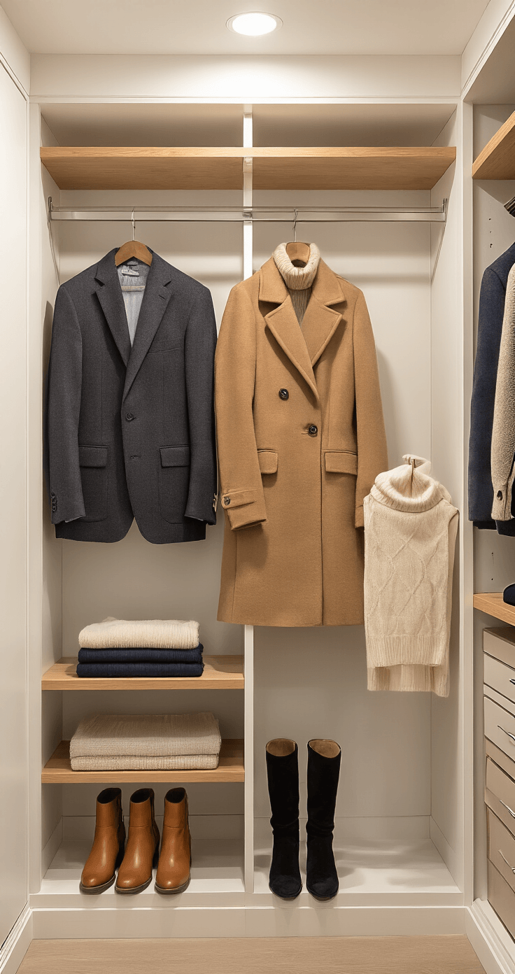 A hyper-realistic photograph of a spacious walk-in closet with warm white walls and natural wood shelving, featuring a curated winter work capsule wardrobe, including a camel wool coat, charcoal blazer, navy tailored trousers, cognac leather ankle boots, black knee-high suede boots, and a cream cashmere turtleneck, all arranged in a warm neutrals color palette, illuminated by soft morning light and overhead recessed lighting.