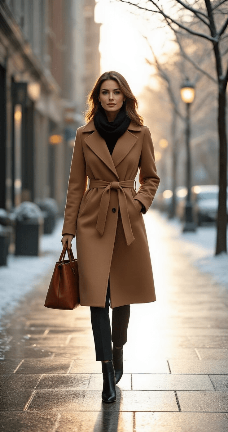 A professional woman in a camel wool coat and black trousers strides along a polished urban sidewalk, with bare winter trees lightly frosted in the background. She wears black ankle boots and carries a cognac leather tote, while a black cashmere scarf loosely frames her neck. The warm golden light of the setting sun highlights her coat's texture, creating dramatic shadows on the wet cobblestones. The scene captures a confident and chic winter moment in a rich neutral color palette.