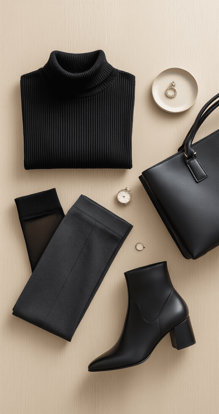 A minimalistic flat-lay photograph captures a winter work outfit on a light oak surface, featuring a ribbed black turtleneck, charcoal wide-leg wool trousers, sheer black tights, and sleek black heeled ankle boots. A structured black leather tote is positioned nearby, with gold stud earrings and a delicate watch on a ceramic tray in the upper corner. Textures include ribbed knit, smooth wool, and polished leather, all in a monochrome palette of deep black to soft charcoal. The overhead shot creates a sharp, modern aesthetic.