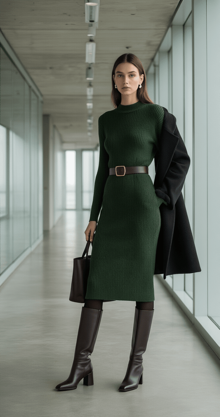 A woman in a forest green midi-length sweater dress with a chocolate leather belt stands confidently in a minimalist office hallway with polished concrete floors and frosted glass walls, accessorized with opaque black tights, knee-high black leather boots, a charcoal wool coat draped over one arm, pearl stud earrings, and a structured black leather tote, illuminated by cool overhead and soft window light.
