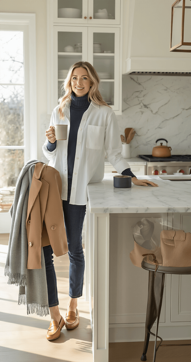 A woman in a preppy layered winter outfit stands at a white marble kitchen island, holding a ceramic coffee mug, with natural light filling the bright space. She wears a white button-down shirt over a navy ribbed turtleneck, dark denim jeans, and tan loafers, with a camel blazer draped over a bar stool. A grey cashmere scarf and a structured tan leather tote are on the counter, creating a relaxed and stylish ambiance.