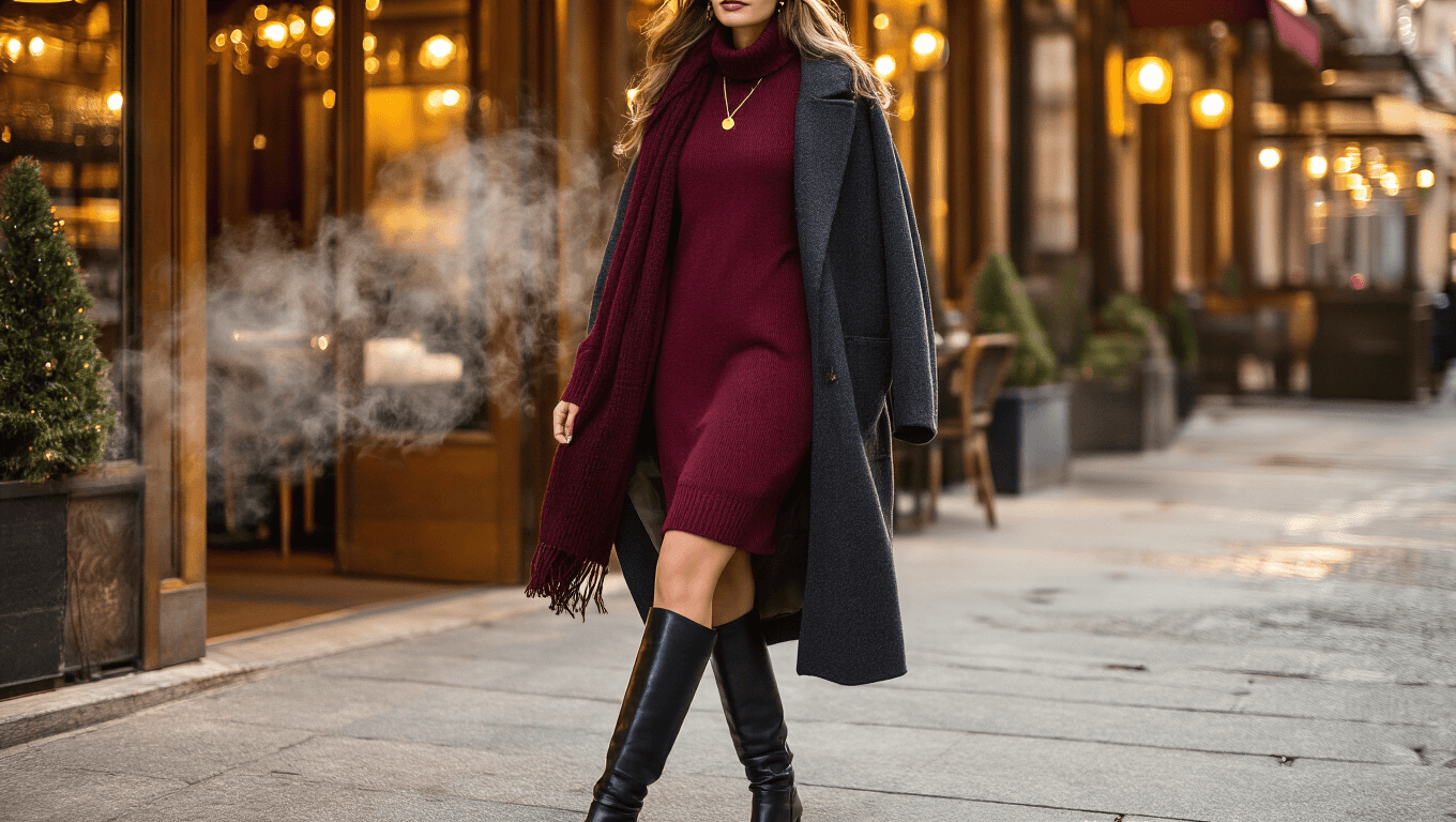 A confident woman in a burgundy midi sweater dress and black knee-high leather boots walks through a cozy upscale restaurant entrance, with warm golden lighting highlighting her charcoal wool coat and chunky knit scarf, while delicate gold jewelry catches the light amidst a winter evening atmosphere.
