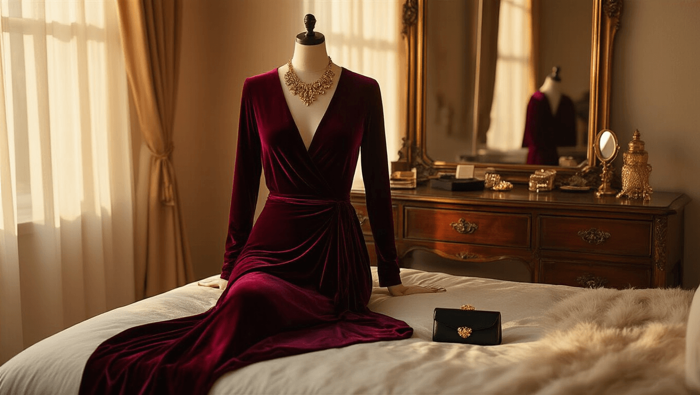 Cinematic view of an elegant bedroom vanity with a burgundy velvet wrap dress on an antique dresser, bathed in warm golden light, showcasing plush velvet, sheer black tights, gold jewelry, and a black clutch, reflecting a cozy winter party atmosphere.