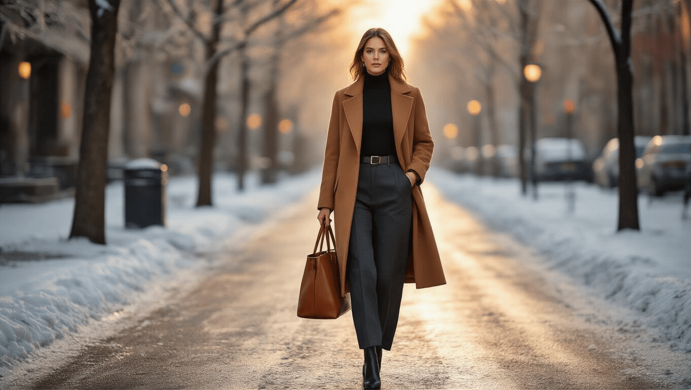 A professional woman in a camel wool coat and black turtleneck walks confidently on a frost-dusted urban sidewalk at golden hour, carrying a cognac leather tote and wearing black heeled ankle boots, with winter trees softly blurred in the background.