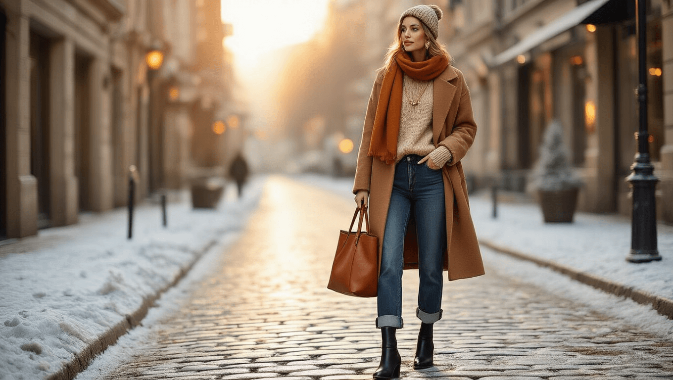 A confident woman in high-waist dark-wash mom jeans and a chunky beige sweater stands on a frost-kissed cobblestone sidewalk, draped in a camel wool coat, with a rust scarf and cognac leather tote, as warm golden hour light creates a polished, cozy winter street style scene.