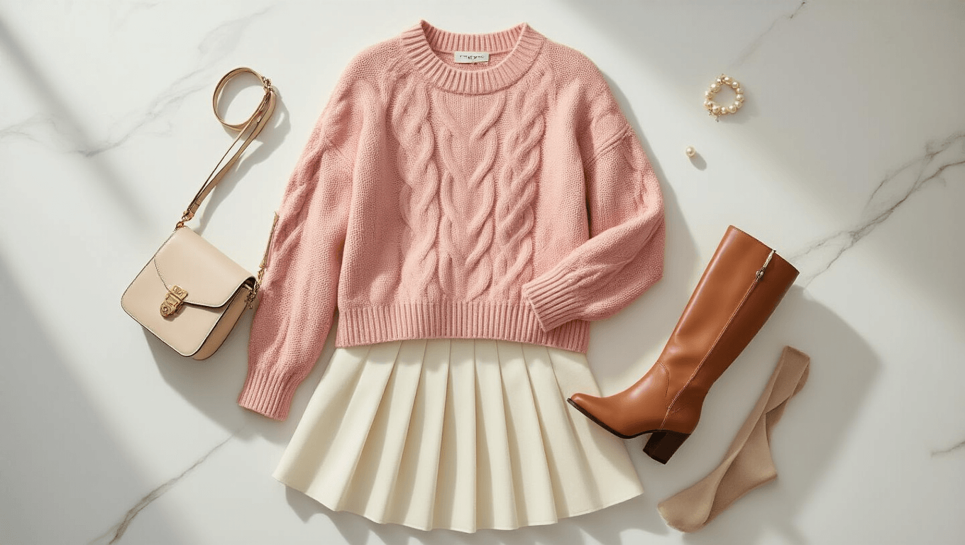 Cinematic overhead flat-lay of a pink winter outfit featuring a blush sweater, cream midi skirt, tan leather boots, pearl earrings, and a neutral crossbody bag on a white marble surface, showcasing luxurious textures and a warm color palette.