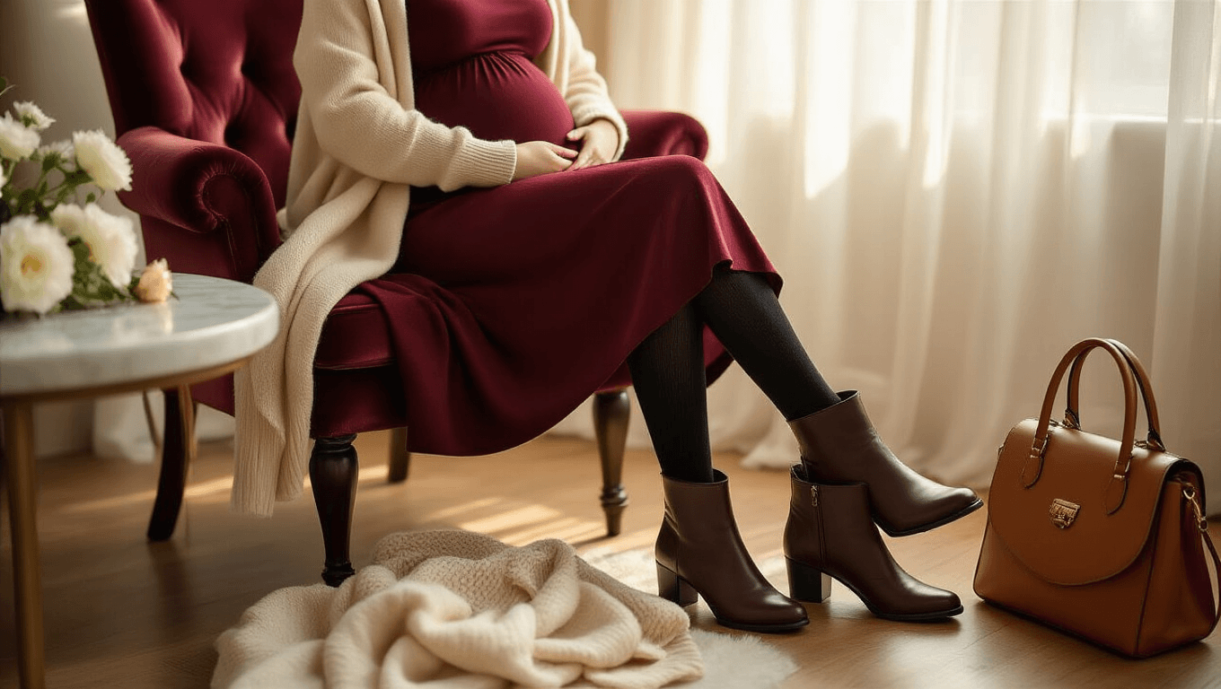 Cinematic close-up of a burgundy fit-and-flare midi dress draped over a velvet chair in a warm, cozy winter baby shower setting, with luxurious textures, soft lighting, and elegant accessories including pearl earrings and fresh flowers.