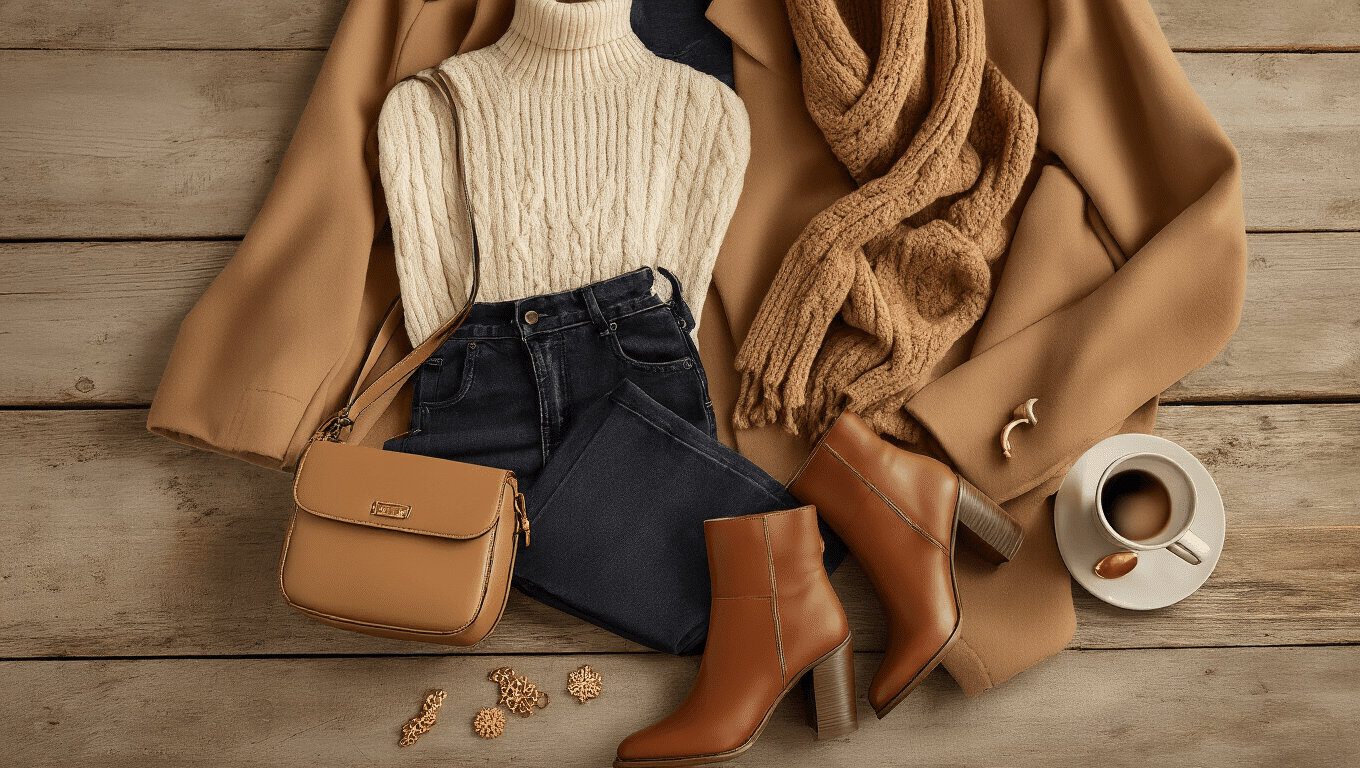 Flatlay of a winter date outfit on a rustic wooden surface, featuring dark-wash high-waisted jeans, cream ribbed turtleneck sweater, cognac leather ankle boots, camel wool coat, tan crossbody bag, gold jewelry, and a chunky beige knit scarf, with warm golden hour lighting and steam from a coffee cup adding a cozy atmosphere.