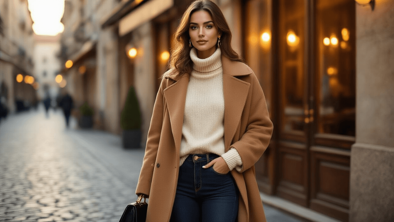 Elegant woman in high-waisted dark jeans and a cream cashmere turtleneck, wearing a camel wool coat and tan ankle boots, stands outside a chic Italian restaurant at golden hour, with a warm glow from the windows and a blurred urban cobblestone background.
