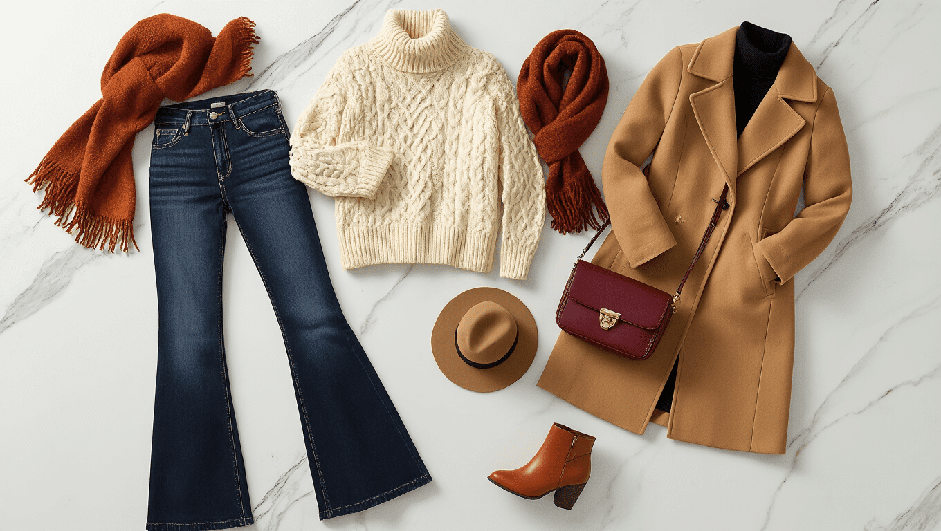 Cinematic flat lay of winter flare jeans and styling essentials on a white marble background, featuring high-waisted flares, a cream sweater, black turtleneck, camel coat, ankle boots, and a crossbody bag, with warm lighting accentuating rich textures and layers in earth tones.