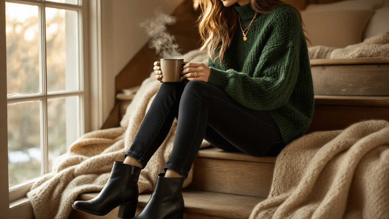 Elegant woman in black skinny jeans and a forest green chunky wool sweater sitting on vintage wooden steps in a warm-lit bedroom, with steam rising from her coffee mug and soft morning light streaming through the windows, surrounded by cozy cashmere throws and layered gold jewelry.