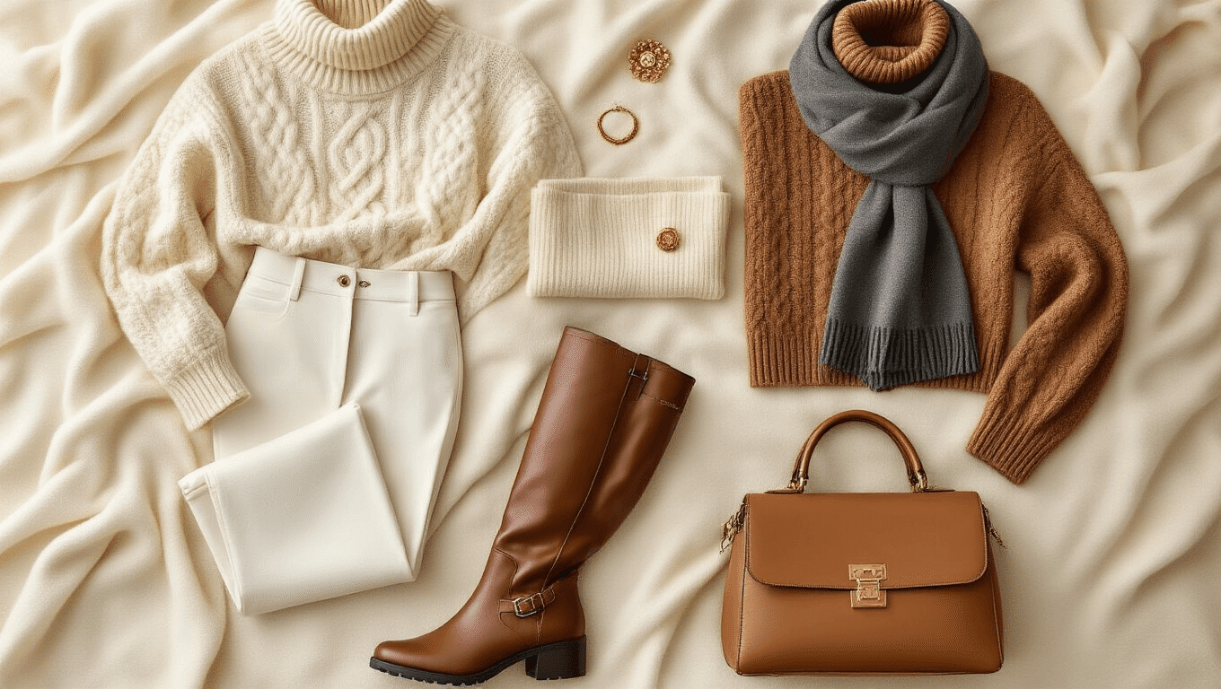 Cinematic flatlay of winter white styling essentials on cream cashmere backdrop, featuring textured ivory wool-blend trousers, chunky camel turtleneck sweater, chocolate brown knee-high boots, charcoal grey wool scarf, delicate gold jewelry, and structured tan leather handbag, all in warm diffused lighting.