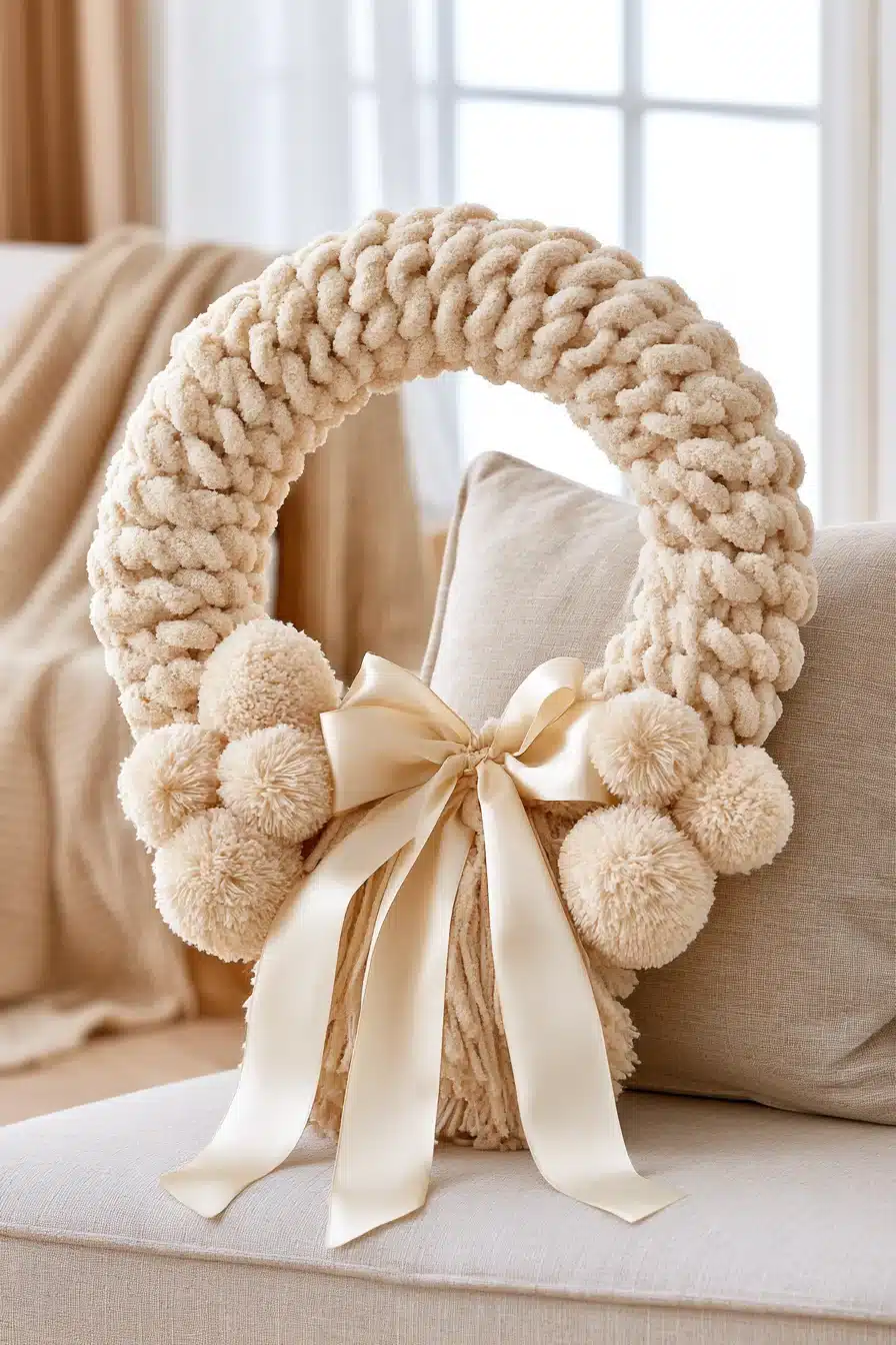 27 Cozy Christmas Yarn Wreaths to Make Your Front Door Feel Magical