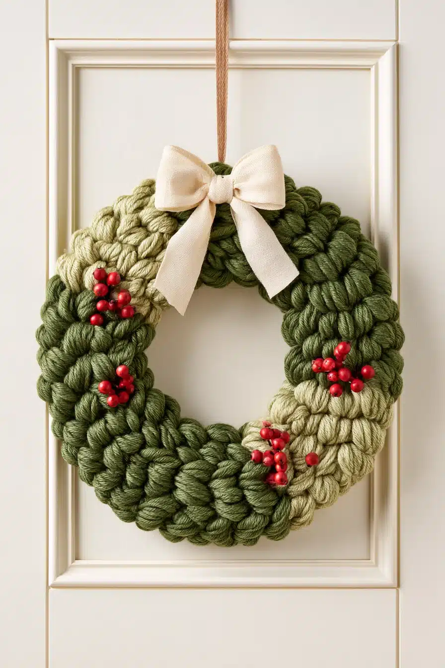 27 Cozy Christmas Yarn Wreaths to Make Your Front Door Feel Magical