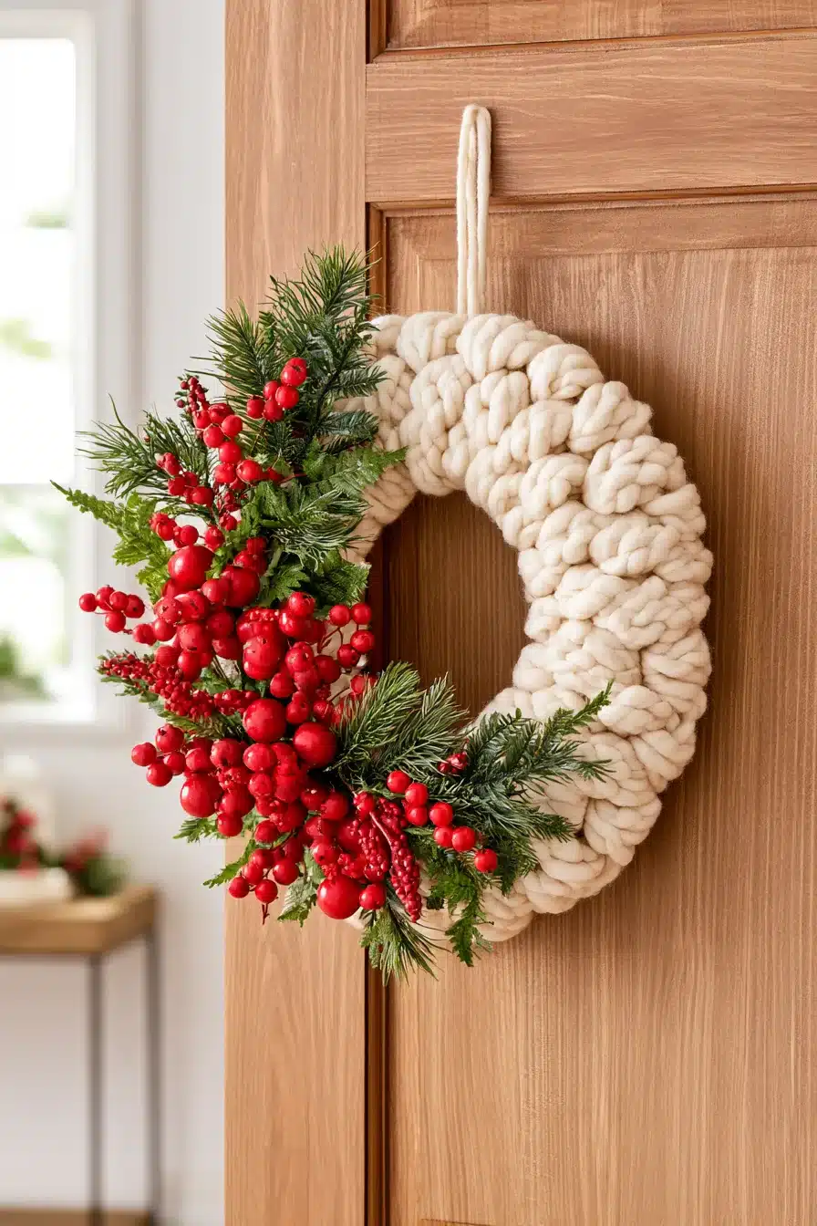 27 Cozy Christmas Yarn Wreaths to Make Your Front Door Feel Magical